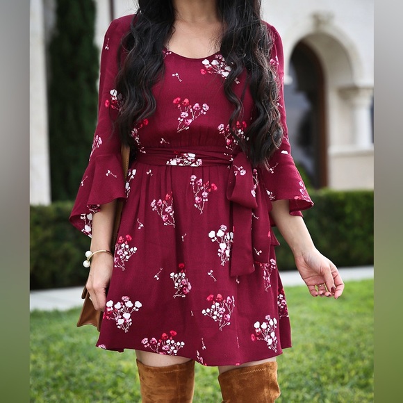 Express Dresses & Skirts - Wine Red Floral Blossom Bell-Sleeves Ruffle Tie-Waist Mini Dress